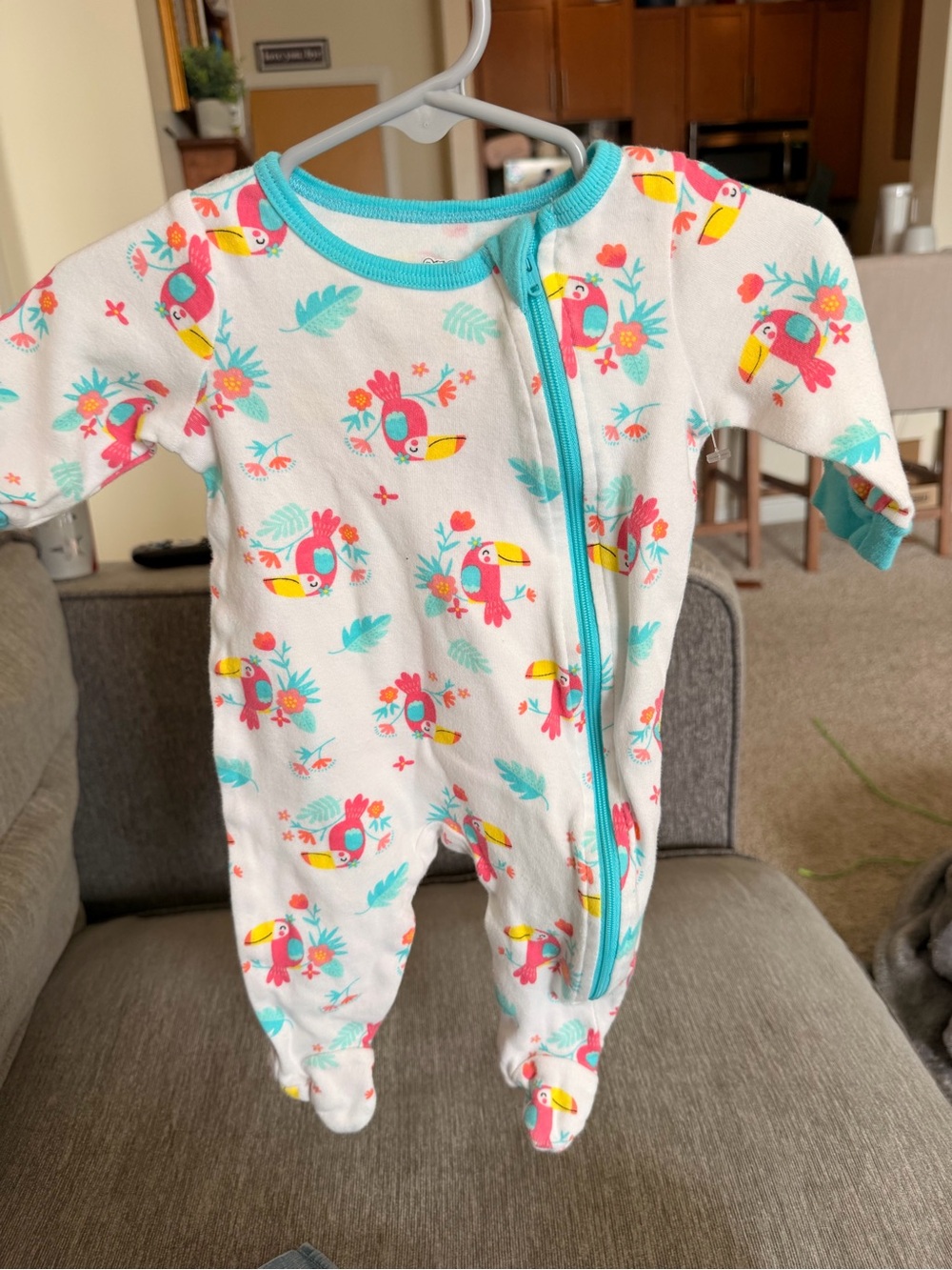 White Baby Footed Pajamas with Teal Trim and Pink Toucan Print